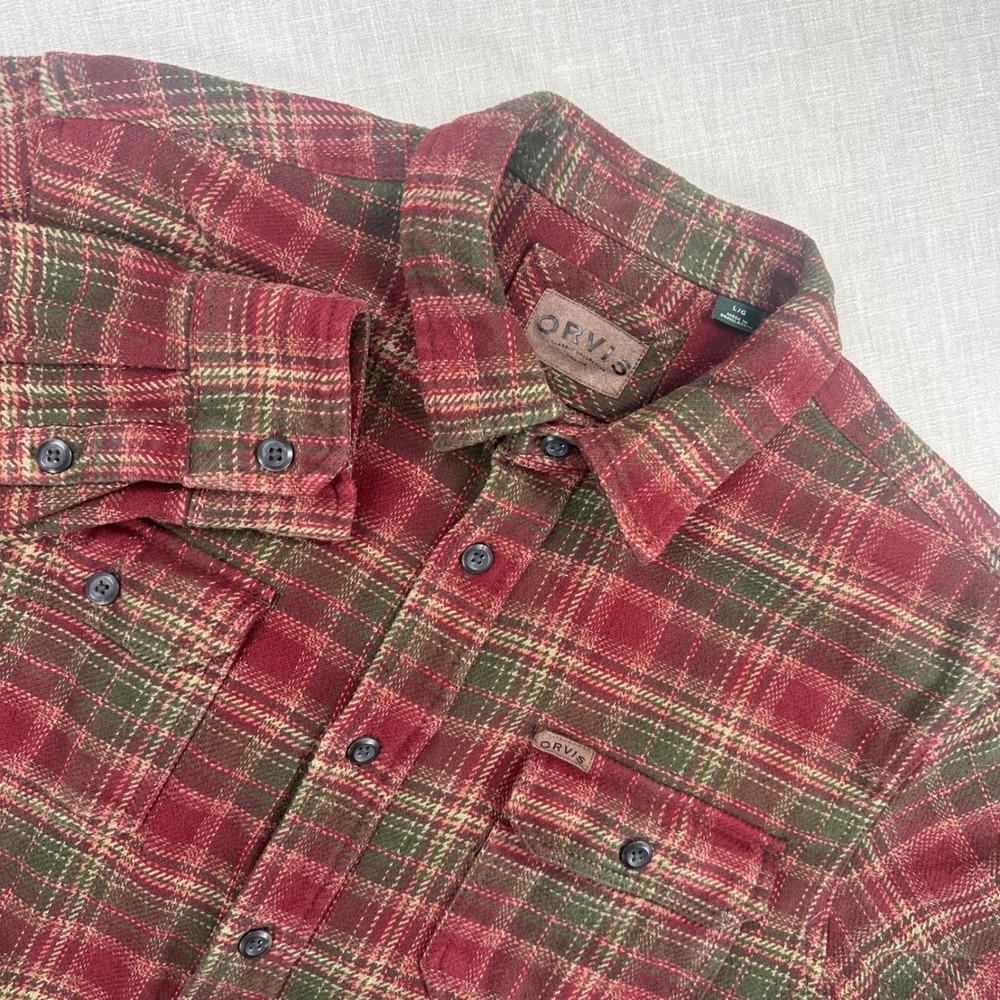 Orvis Mens Heavyweight Shirt Jacket L Red Green Plaid Classic Collection Pockets